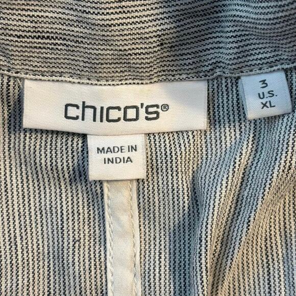 Chicos Size 3 US XL Micro Stripe Pinstripe Jacket Linen Blend Blue White - Picture 4 of 5